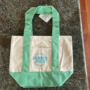 Trader Joe’s Mini Canvas Tote Green Blue Stitching Pastel Limited Edition NWT
